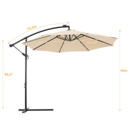 10 FT Solar LED Patio Outdoor Umbrella Hanging Cantilever Umbrella Offset Umbrella Easy Open Adustment with 24 LED Lights - tan