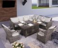 7 PCS Patio Gray Conversational Sofa Set With Gas Firepit and Ice Container Rectangle Dining Table And Dining Chairs