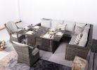 7 PCS Patio Gray Conversational Sofa Set With Gas Firepit and Ice Container Rectangle Dining Table And Dining Chairs