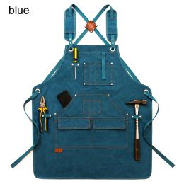 Durable Work Apron with Tool Pockets Heavy Duty Unisex Canvas Adjustable Cross-Back Straps Apron For Carpenter Painting Home BBQ (Color: Upgrade Blue, Ships From: China)