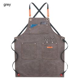 Durable Work Apron with Tool Pockets Heavy Duty Unisex Canvas Adjustable Cross-Back Straps Apron For Carpenter Painting Home BBQ (Color: Basic Grey, Ships From: China)