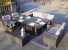 7 PCS  Patio Conversational Sofa Set With Gas Firepit And Ice Container Rectangle Dining Table And Storage Box