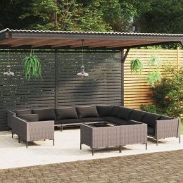 vidaXL 13 Piece Patio Lounge Set with Cushions Poly Rattan Dark Gray (Color: Grey)