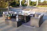 7 PCS  Patio Conversational Sofa Set With Gas Firepit And Ice Container Rectangle Dining Table And Storage Box